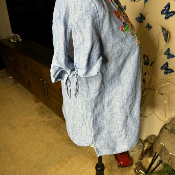 Talbots Sz S Darling Boho Folk Bird Embroidered Chambray Linen Blouse Shirt Top - Picture 7 of 12